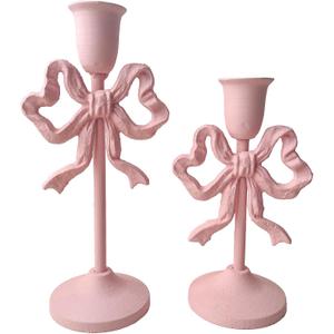 Pink Bow-Knot Iron Taper Candle Holder Set of 2,Pillar Candle Holders Decorative Candlestick Holder for Home Decor, Wedding, Dinning, Party
