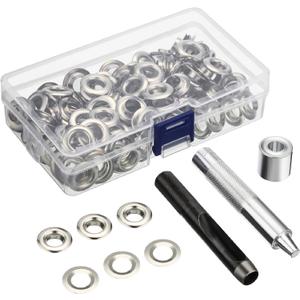 Pangda 100 Sets Grommet Eyelets Kit With Setting Tool and Storage Box for Fabric, Tarps, Curtains (3/ 8 Inch Inside Diameter, Silver)
