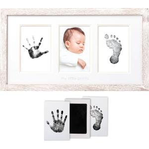 Pearhead My Little Prints Newborn Handprint & Footprint Frame Kit - No Mess Clean Touch Ink Pad, Gender-Neutral Keepsake, Ideal Shower Gift, Nursery Decor, Distressed Wood (17 x 9.5)