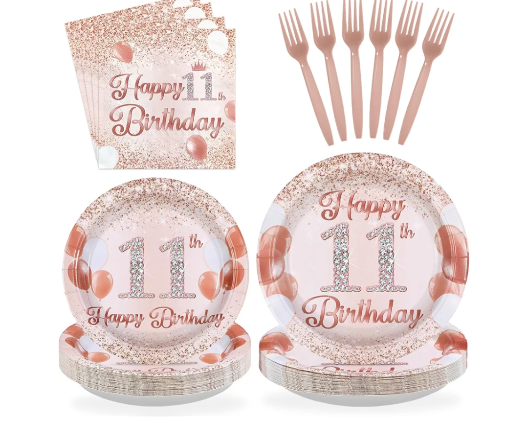 Grencian 11th Birthday Decorations Rose Gold 11th Birthday Plates and Napkins Disposable Rose Gold Official 11 Pre-Teen Paper Tableware Set for Girls 11 Year Old Party Supplies, Serves 24