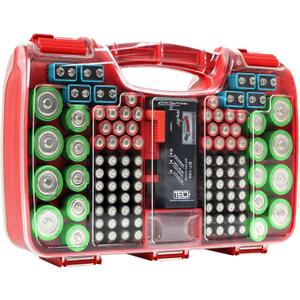 Battery Organizer Storage Case with Tester, Holds 180 Batteries, Clear Hinged Cover, Locking Lid - For AA, AAA, C, D and More, Red