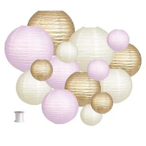 Paper Lanterns Decorative, Round Hanging Paper Lanterns Decorations for Wedding Engagement Baby Showers Birthday Party Supplies Pink/Gold/Ivory 15pc