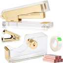 Acrylic Gold Tape Dispenser & Desktop Stapler, Includes Staple Remover, Tape, 1000pcs Staples - Cute Office Stapler Set for Modern Design Desk Accessory Kit