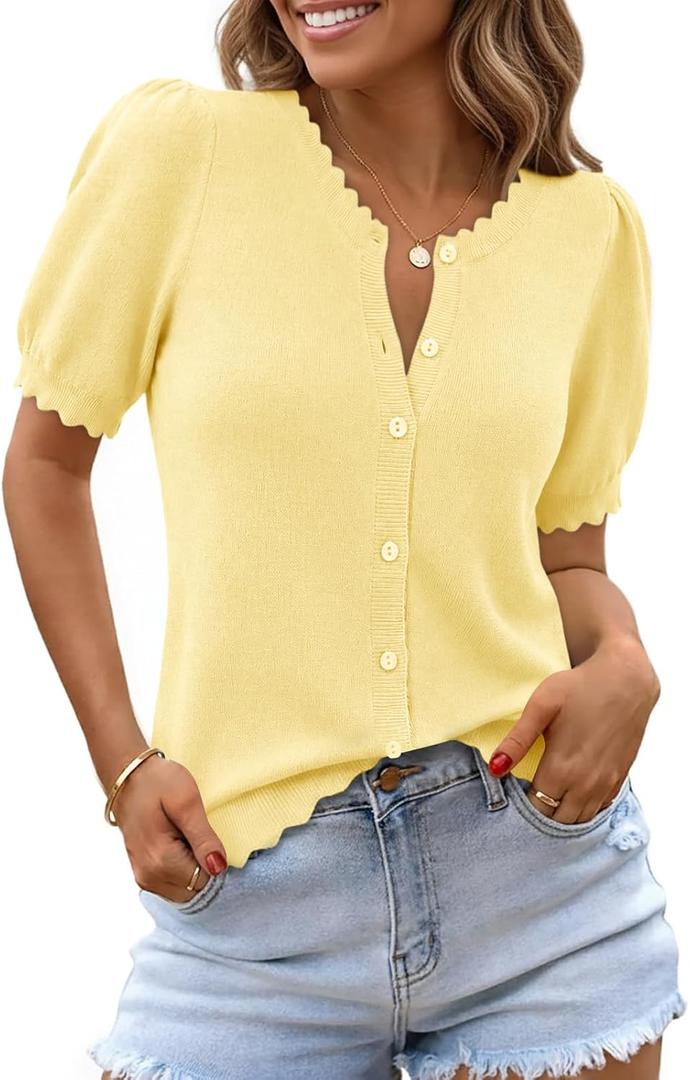 Saodimallsu Women's Puff Short Sleeve Cardigans Lightweight Button Down Shirts Crew Neck Casual Knit Sweater Tops (Medium, Yellow)