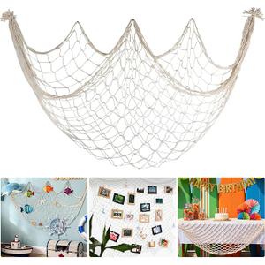 80x40 Inch Fishing Net Decor, 3mm Beige Natural Cotton Large Decorative Fish Netting Table Runner, Wall Ceiling Halloween Party Decorations for Pirate Under The Sea Nautical Mermaid Themed Party