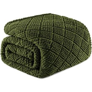 Whale Flotilla Fuzzy Fleece Queen Size Blanket for Bed, Soft Fluffy Jacquard Waffle Blankets for All Season, Lightweight and Warm, 90x90 Inch, Olive