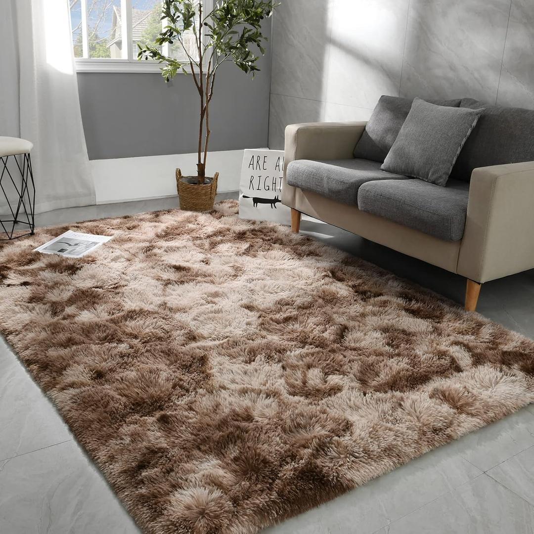 Hutha 7x10 Large Area Rugs for Living Room, Super Soft Fluffy Modern Bedroom Rug, Tie-Dyed Brown Indoor Shag Fuzzy Carpets for Girls Kids Nursery Room Home Decor