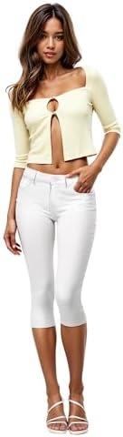 Hybrid & Company Women's Ultra Stretch Mid Rise Skinny Capri Pants with Pockets, White, XS