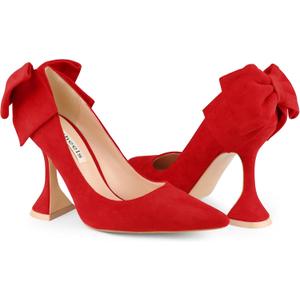 Zzheels Women's 3.74" Bow Pumps Pointed Toe Triangle Heel Pump Wedding Shoes (8, Red Bow(suede))