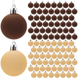 96 Pcs Velvet Christmas Balls Bulk, Mini 1.18 Inch Flocked Christmas Tree Ball Ornaments, Xmas Tree Bulb Ornaments Hanging Decoration(Brown, Beige)
