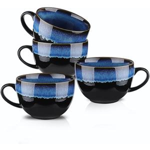 KOOV Ceramic Soup Mug, Soup Bowls with Handles Microwave Safe, 24 Ounce Jumbo Mug and Cereal Mugs Set of 4, Reactive Glaze (Nebula Blue)