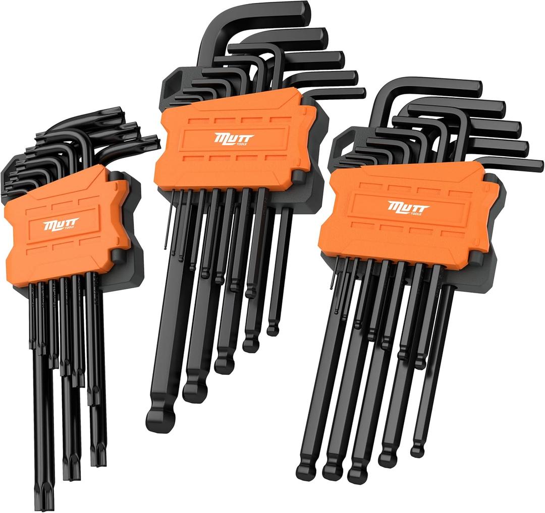 Mutt Tools 35pc Long Allen Wrench Set and Star Key Set  Includes Star, Metric and Standard SAE  Long Arm Ball End Hex Key and Security Torx