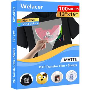DTF Transfer Film 13x19 Inch 100 Sheets Double-Sided Matte DTF Film, PET Heat Transfer Paper for Inkjet Printer DTG Printer Direct Print On T Shirts Textile(Hot & Cold Peel)