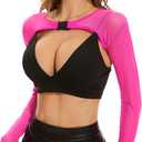 See Through Halloween Mesh Crop Top Long Sleeve Rave Top for Women Festival Tops Outfit Sheer Open Front Fishnet Cover Up (Medium, Hot Pink)