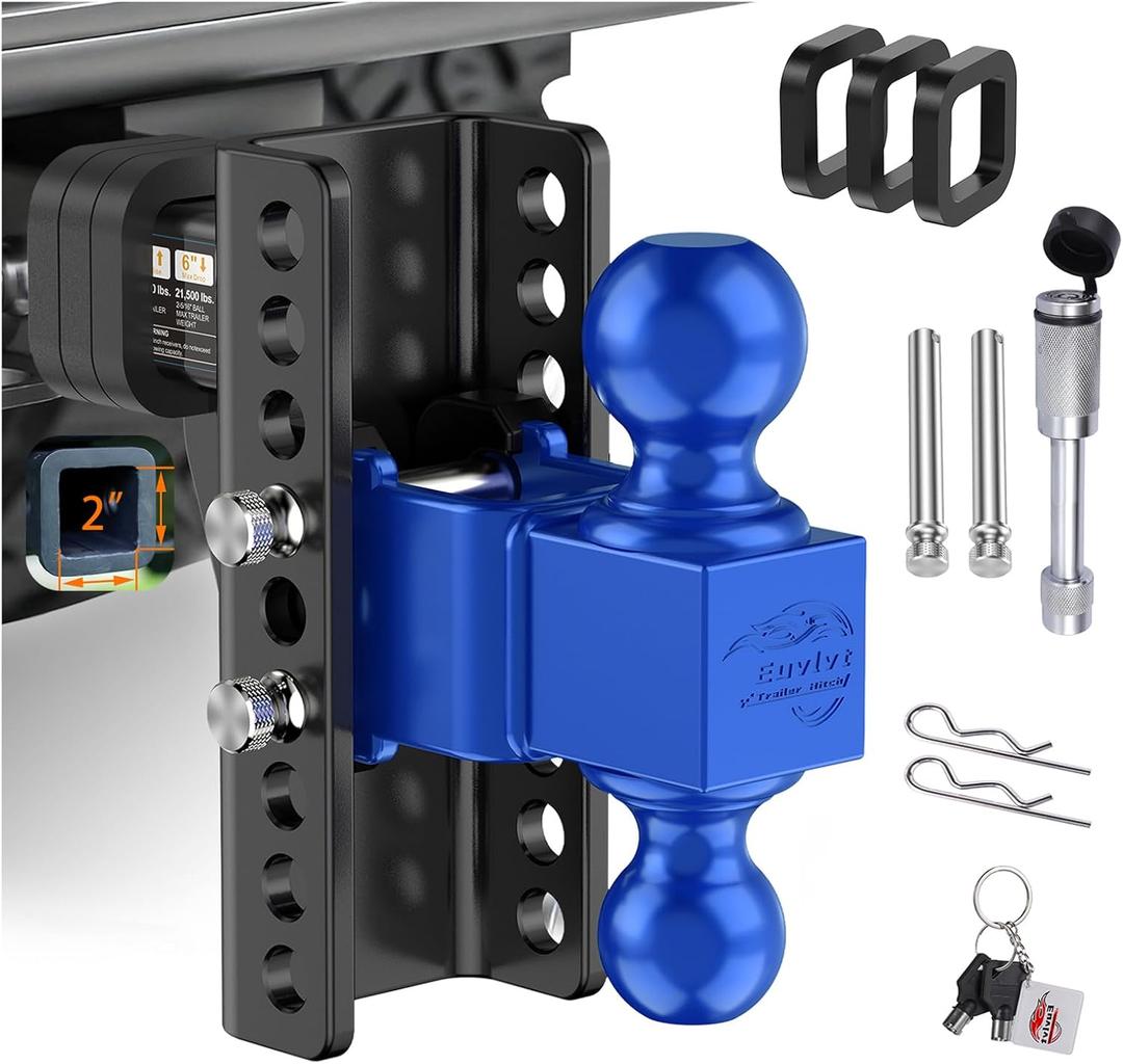 Adjustable Trailer Hitch (Fits 2-Inch Receiver) -6 Inch Drop/Rise, Dual Ball (2" & 2-5/16") -21,500 LBS GTW Heavy Duty Tow Hitches for Truck with Anti-Theft Locking Hitch Pins (Black+Blue)