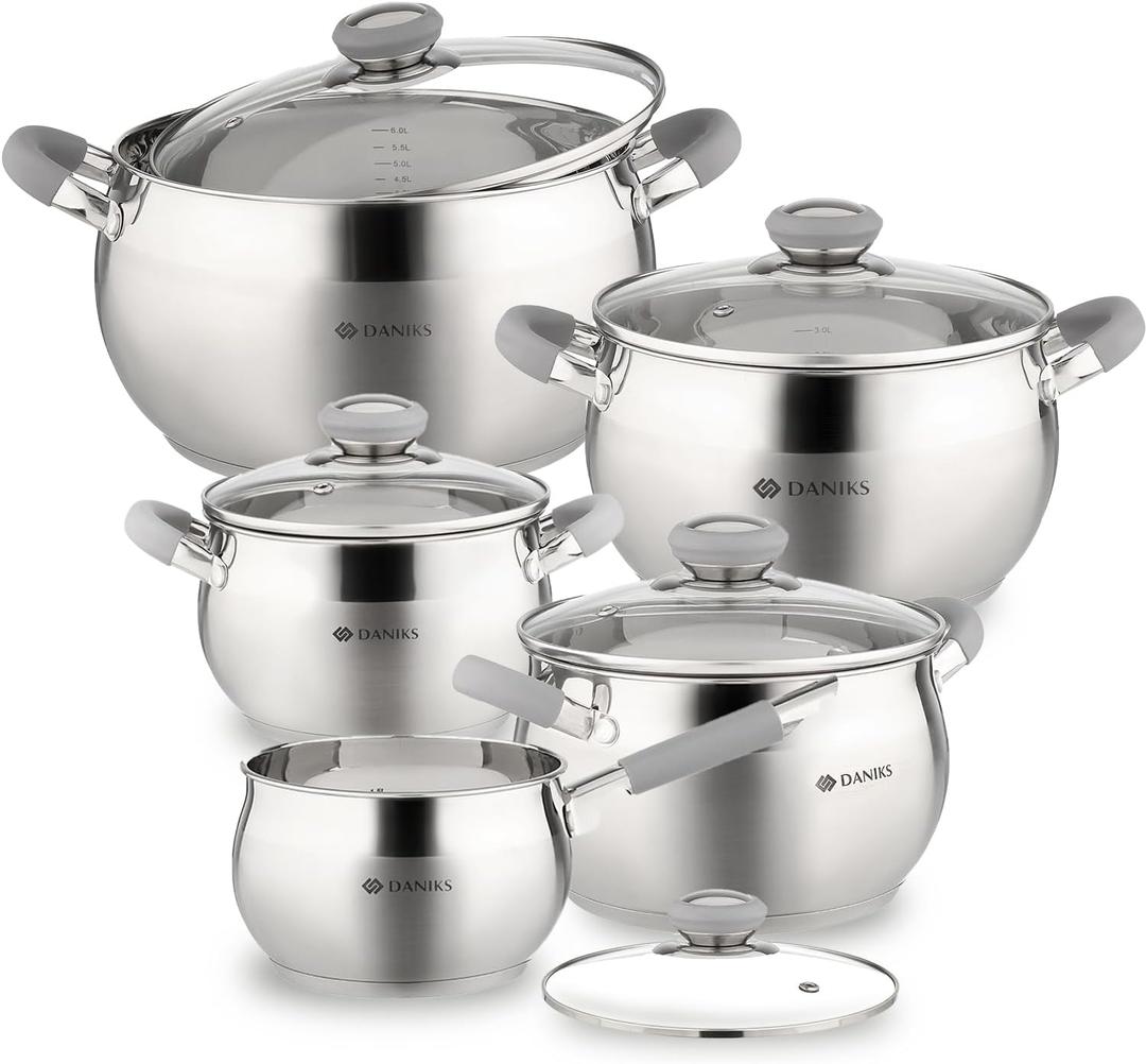 Daniks Modern 10-Piece Stainless Steel Cookware Set with Glass Lids, Includes Saucepan, Tri-Ply Bases for Even Heating, Induction Compatible, Dishwasher Safe, Heatproof Handles