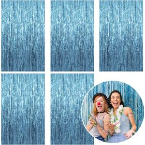 5 Pack Foil Curtain Backdrop Blue Metallic Tinsel Foil Fringe Curtains Photo Booth Props for Birthday Wedding Engagement Baby Shower Bachelorette Christmas Holiday Celebration Party Decorations