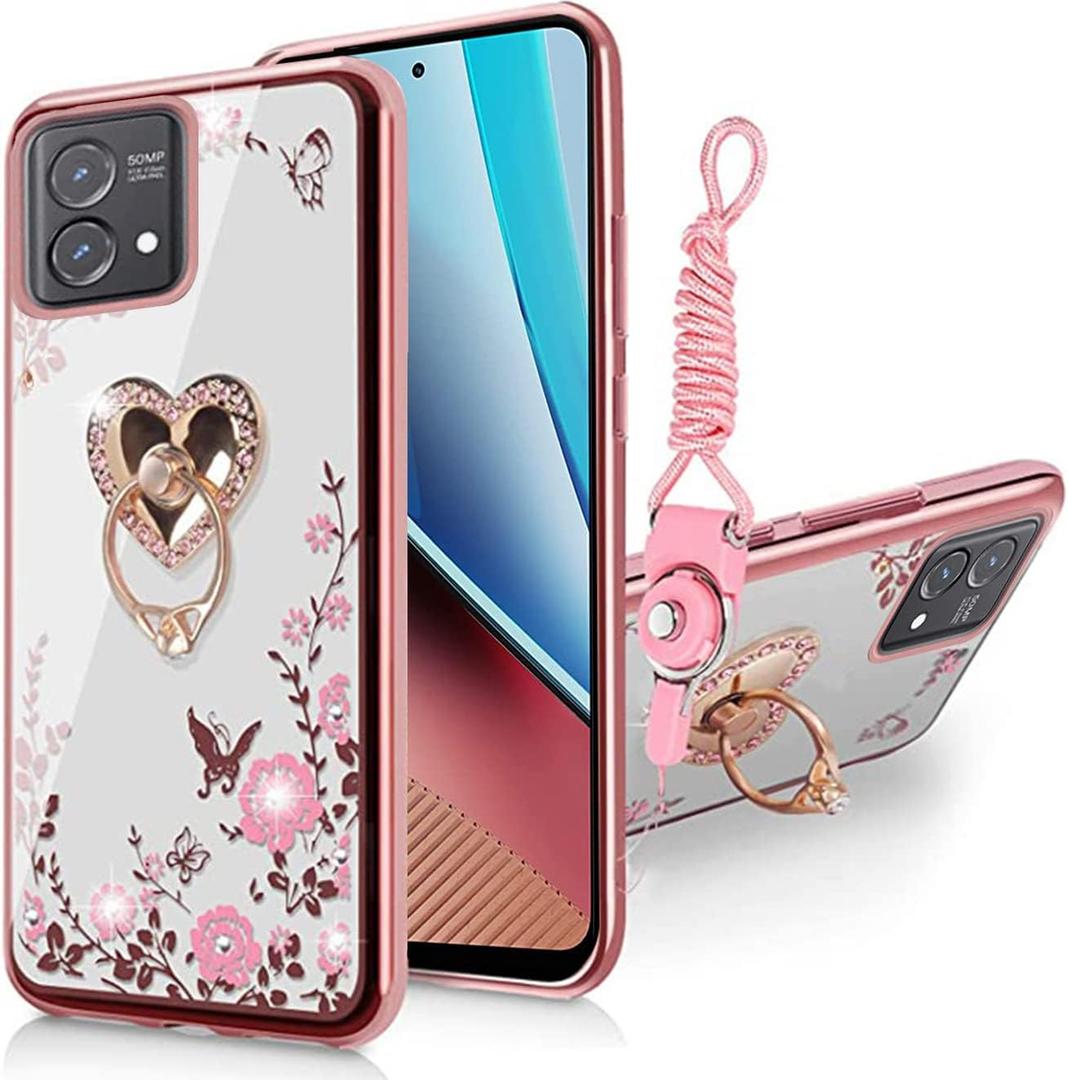 for Moto G Stylus 5G 2023 Case for Women, Glitter Crystal Butterfly Heart Floral Slim TPU Luxury Bling Cute Protective Cover with Kickstand+Strap for Stylus 5G 2023(Rose Gold), (BW-3076)