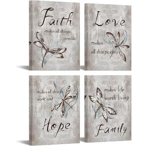 iKNOW FOTO 4 Piece Insect Painting Dragonfly Canvas Wall Art Prints Faith Love Hope Family Quote Decor Sign Framed Artwork Rustic Inspirational Quotes Canvas Prints Each 12x16inch