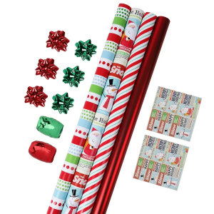 LaRibbons Christmas Wrapping Paper Roll with Cutlines, Polka Dot & Stripe Design with Gift Bow & Ribbons & Tags, Perfect for Christmas, Holiday Party, 30 Inch X 10 Feet (4Rolls, 100 sq.ft.ttl.)