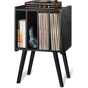 Wooden LP Record Player Stand with 4 Cabinets, Holds up to 100 Vinyls, Metal Record Storage Holder and Organizer Table, Classical Design for Files/Book (Mid-Century Modern) (2-Tier, Magic Black)