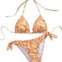 Women's 2 Piece String Bikini Sets Floral Print Ruffled Halter Tie Backless Thong Swimsuits Bathing Suit (Large, Yellow Flower)