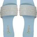 OYOANGLE Women's Pearl Decor Square Toe Sandals Leather Open Toe Flat Slip On Slides Light Blue 9.5