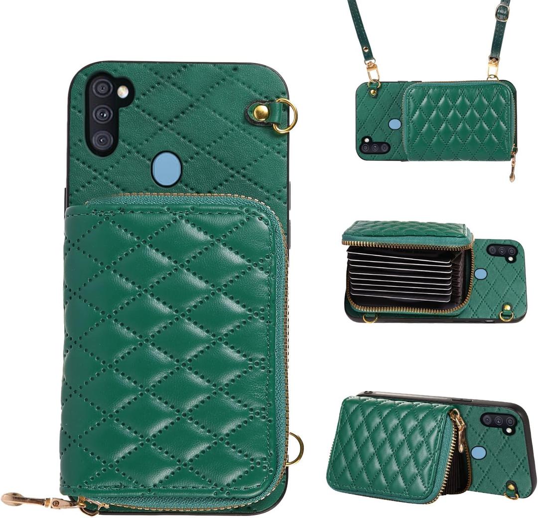 Detachable Crossbody Strap Wallet Case for Samsung Galaxy A11/M11 with Zipper Purse, Multi Card Slots and PU Leather Stand Shockproof Cell Phone Cover for A 11 11A Women Green
