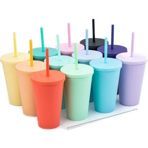 Tumblers with Lids (12 pack) 16oz Colored Acrylic Cups with Lids and Straws | Double Wall Matte Plastic Bulk Tumblers With FREE Straw Cleaner! Vinyl Customizable DIY Gifts (Assorted) (0_Multicolor)