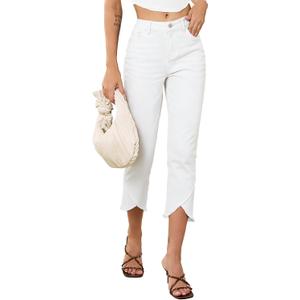 Sidefeel Women's Jeans High Waisted Stretchy Cropped Skinny Jeans Trendy Cross Raw Hem Summer Capri Pants with Pockets (White, M)