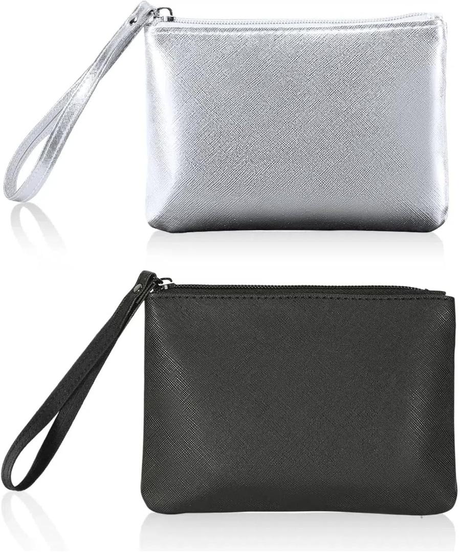 Pack of 2 Small Zipper Pouch Mini Makeup Bag for Purse Lipstick Cosmetic Travel Make Up Organizer for Women Essentials, Car Change Coin Holder 4.5 x 6.5 Clutch Stadium Approved Wristlet, Black Silver