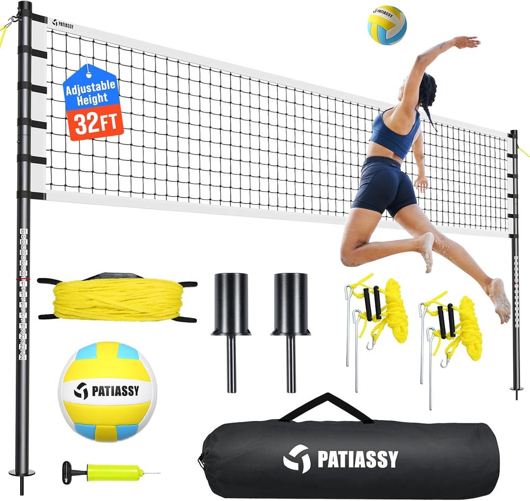 Outdoor Volleyball Net Set for Backyard & Beach, 32FT Regulation Size, Easy Setup Adjustable Height Poles, Portable Net System with PU Volleyball, Pump & Carry Bag