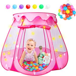 DISHIO Ball Pits with 50 Balls, Pop-up Tents for Kids with Star Lights, Ball Pit for Toddlers, Princess Tent Toy for 1,2,3 yrs Birthday Gifts for Girls, Easy to Assemble and Store (50 Balls Included)