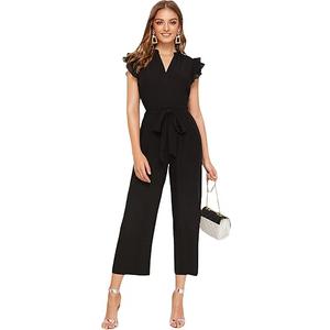 WDIRARA Women's Layered Ruffle Cap Sleeve Notched V Neck Belted Jumpsuit Pants, Size:XL