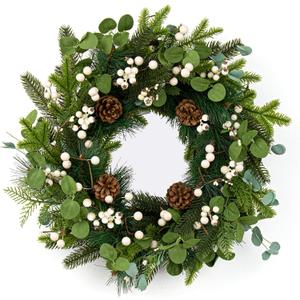 20 Inches Vintage Christmas Wreath Classic Winter Wreaths for Front Door Rustic Holiday Winter Wreath with White Berry Pine Cones for Doors Windows Indoors Outside Hanging Decoration (Dark Green White)