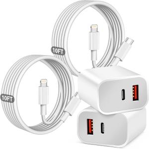 Fast Charger iPhone,Dual Port A/C iPhone Charger Fast Charging Block,2 Pack Super Quick Double Apple iPhone Wall Charger Power Adapter 10FT USB C to Lightning Cable for iPhone 14/13/12/11/ProMax/XS/XR