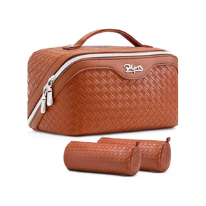 BOYATU Travel Makeup Bag Cosmetic Bags for Women: Large Capacity 3 Pcs Set Make up Bag with Compartments - Waterproof Vegan Leather Toiletry Organizer Bags with Handle (L08 Brown)