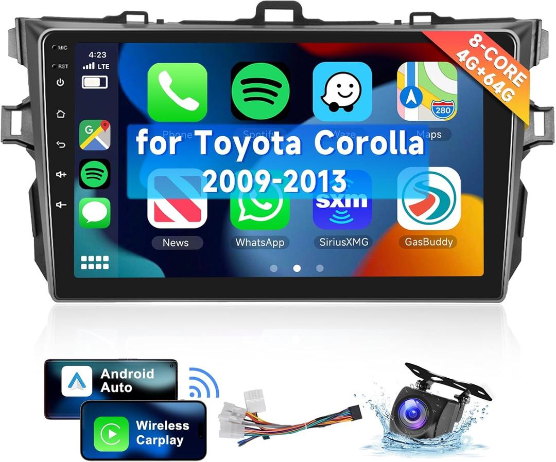 [8 CORE 4G+64G] for Toyota Corolla 2009-2013 Car Radio with Wireless Carplay/Android Auto, 9 Inch Android 13 IPS Touch Screen Car Stereo, Bluetooth, GPS Navi, WiFi, SWC, DSP + Backup Camera