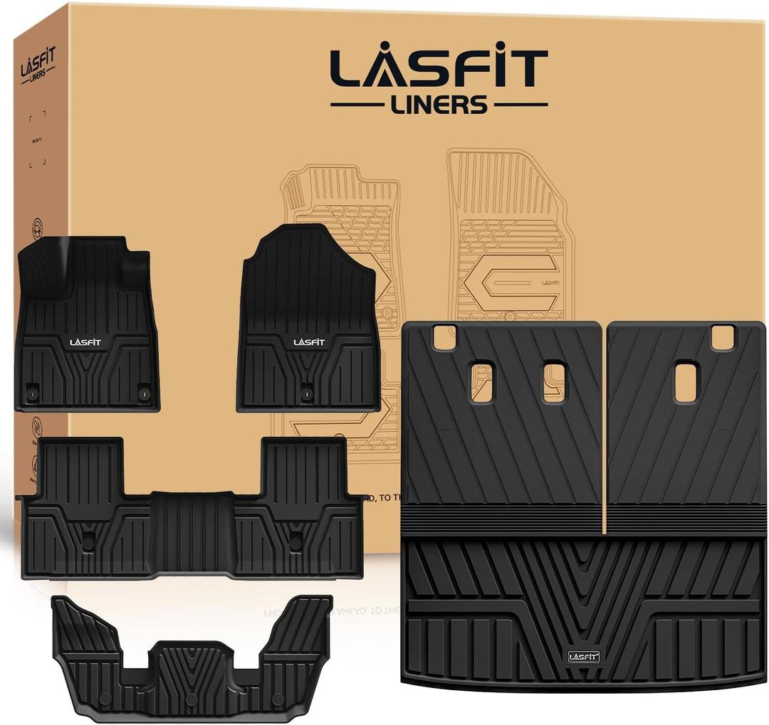 LASFIT Floor Mats & Trunk Mat with Backrest Mat for Honda Pilot 2023-2025, Split & One-Piece Foldable Seating All Weather TPE Floor Liners 1st & 2nd & 3rd Row & Cargo Mat with Seatback Mat, Black