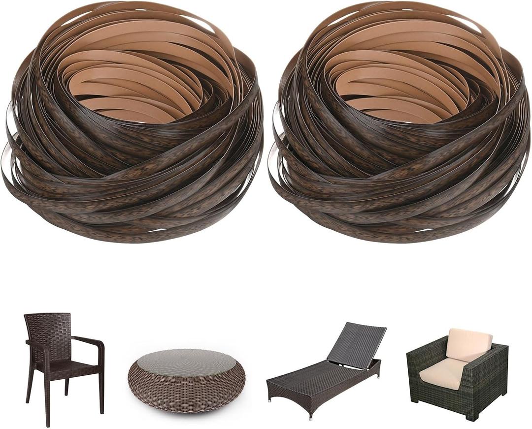 2-Pack Wicker Repair Kit, 100Ft Plastic Flat Rattan Replacement Supplies Material for Patio Furniture Repair/Basket Making/Chair Weaving, Synthetic Woven Rattan [Wood Grain Black]