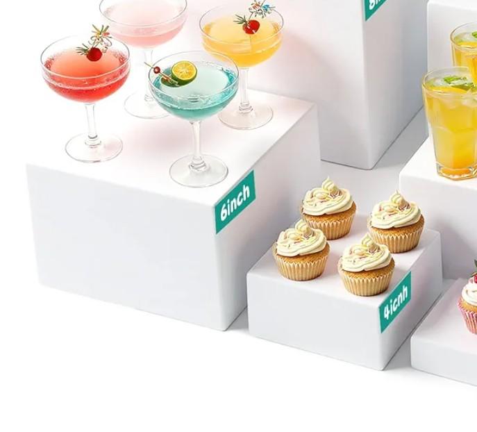 4PCS Buffet Risers, White Acrylic Food Display Boxes for Buffet Table, Party or Dessert, Cube Riser Stand for Catering, Jewelry, Collectibles, Stackable Nesting Sizes 8", 6" (Small)