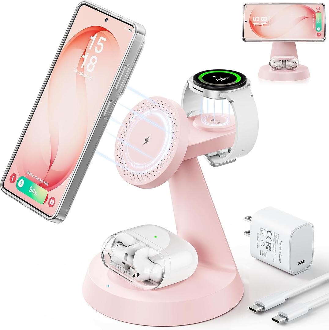 Meifigno Magnetic Wireless Charger for Samsung, 3 in 1 Charging Station Compatible with MagSafe Samsung Charger for Galaxy S26 Ultra S25 Z Fold7/Flip7, Charger Stand for Galaxy Watch Ultra 8 7, Pink