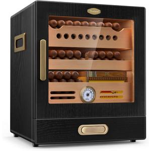 COOL KNIGHT Cigar Humidor Cabinet, Cigar Cabinet Humidor with Spanish Cedar Wood Drawer, Precision Hygrometer, 2 Humidifiers and Cigar Accessories Drawer, Christmas for Cigar Lovers (Black)