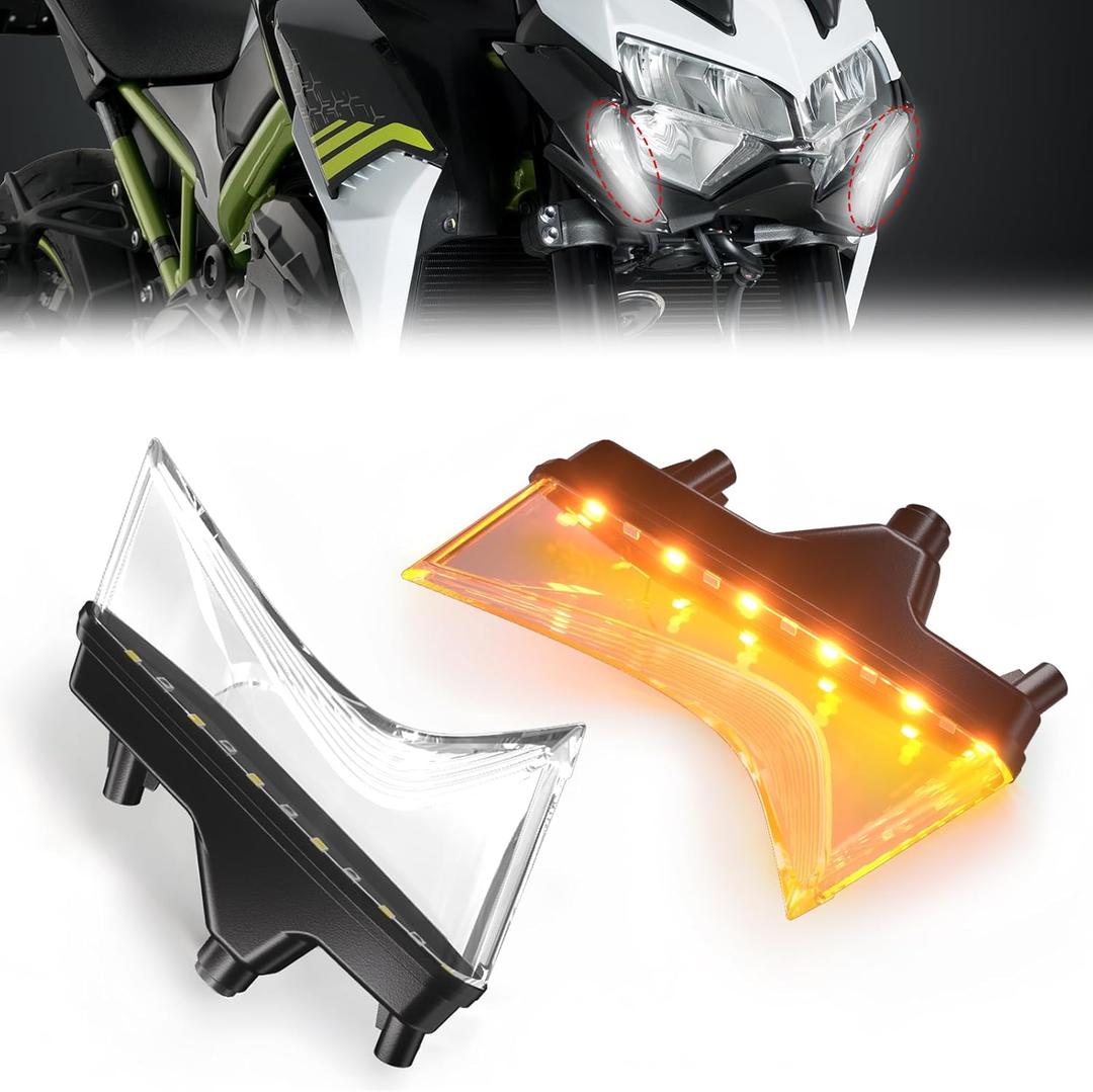 LED Motocycle Turn Signal Lights for Kawasaki Z900 Z650 20-25, White & Amber Daytime Running Front Lights Headlight for Kawasaki Z900 / Z650 / Z900 ABS / Z900 SE ABS 2020-2025 Accessories