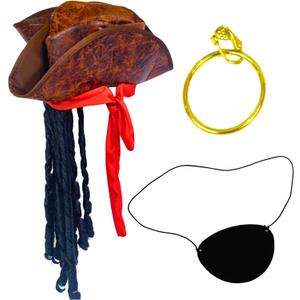 4E's Novelty 3 Pcs Set Pirate Hat with Dreadlocks Eyepatch - Brown Tricorn Pirate Hat with Attached Hair & Bandana - Caribbean Halloween Pirate Costume Accessories for Men Women & Kids Dress Up