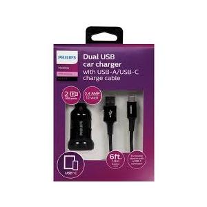 Phillips Dual USB Car Charger With USB A/USB C Charge Cable Phillips Dual USB Car Charger With USB A/USB C Charge Cable