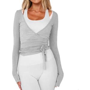 Women Wrap Tie Top Y2k Long SLeeve Ballet Workout Yoga Shirt Coquette Blouses, Size M