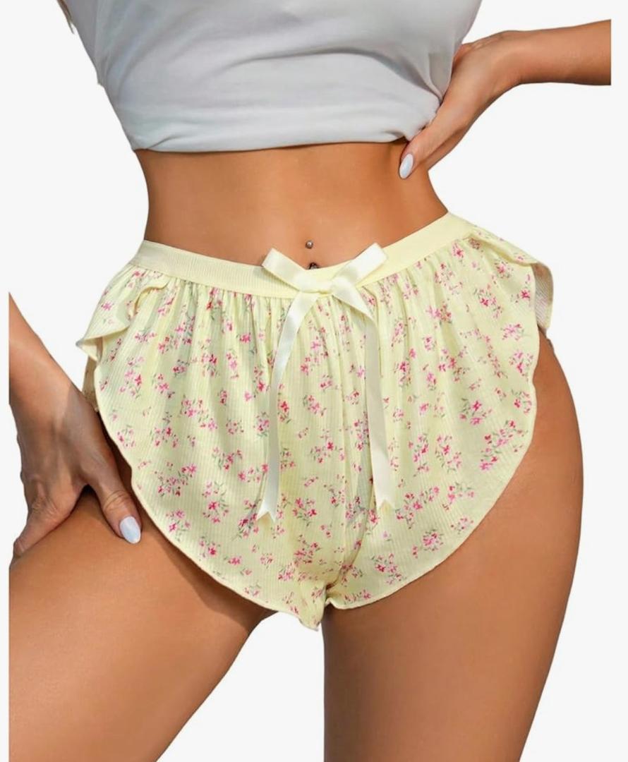 SHENHE Women's Pajama Shorts Split Leg Floral Cheeky Lounge Shorts Coquette Flowy Sleep Bottoms M