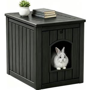 Rabbit Hideout Small Animal Habitat,Litter Box Enclosure Resin Weatherproof Black Bunny House, Multi-Functional Small Pet Hutch for Indoor/Outdoor Use, Ideal for Large Rabbits, Guinea Pigs & Ferrets