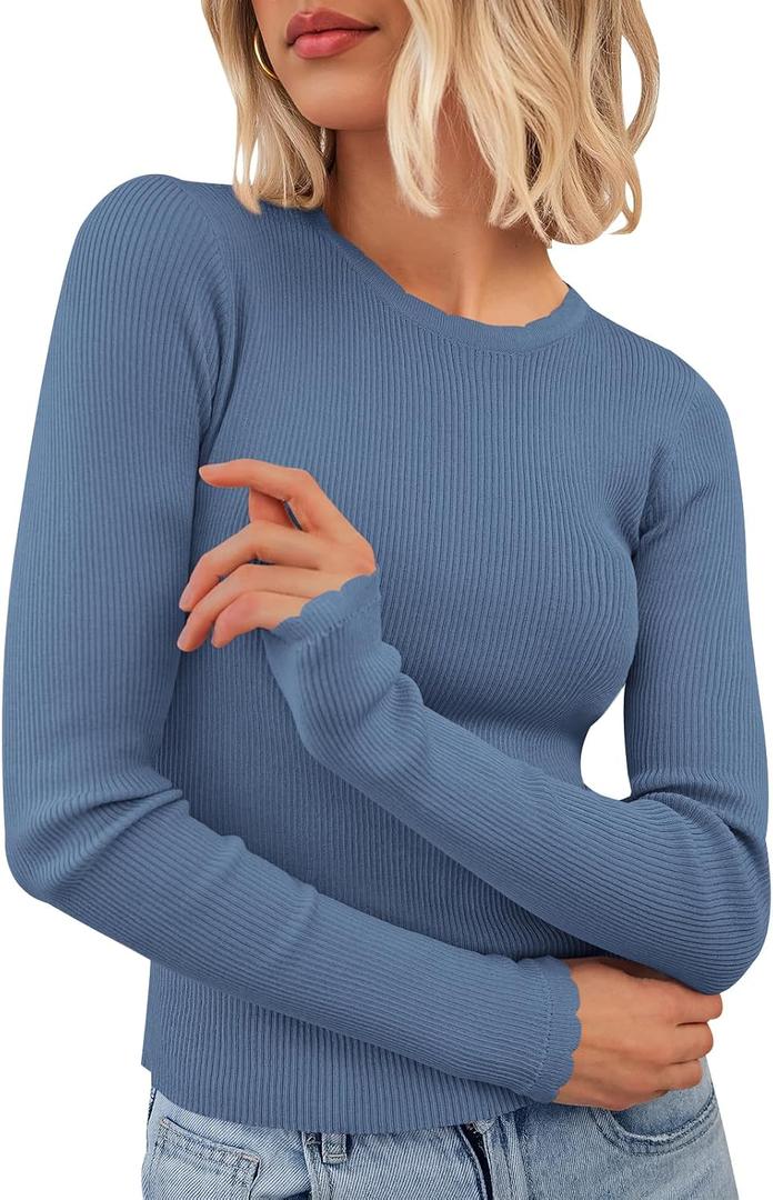 PRETTYGARDEN Womens Long Sleeve Shirts Ribbed Knit Fitted Cute Tops for Women Trendy Basic Pullover Shirt Fall Clothes (Blue, XXL)